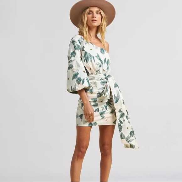 Elegant Asymmetrical Dress with Leafy Pattern - Picture 1 of 3